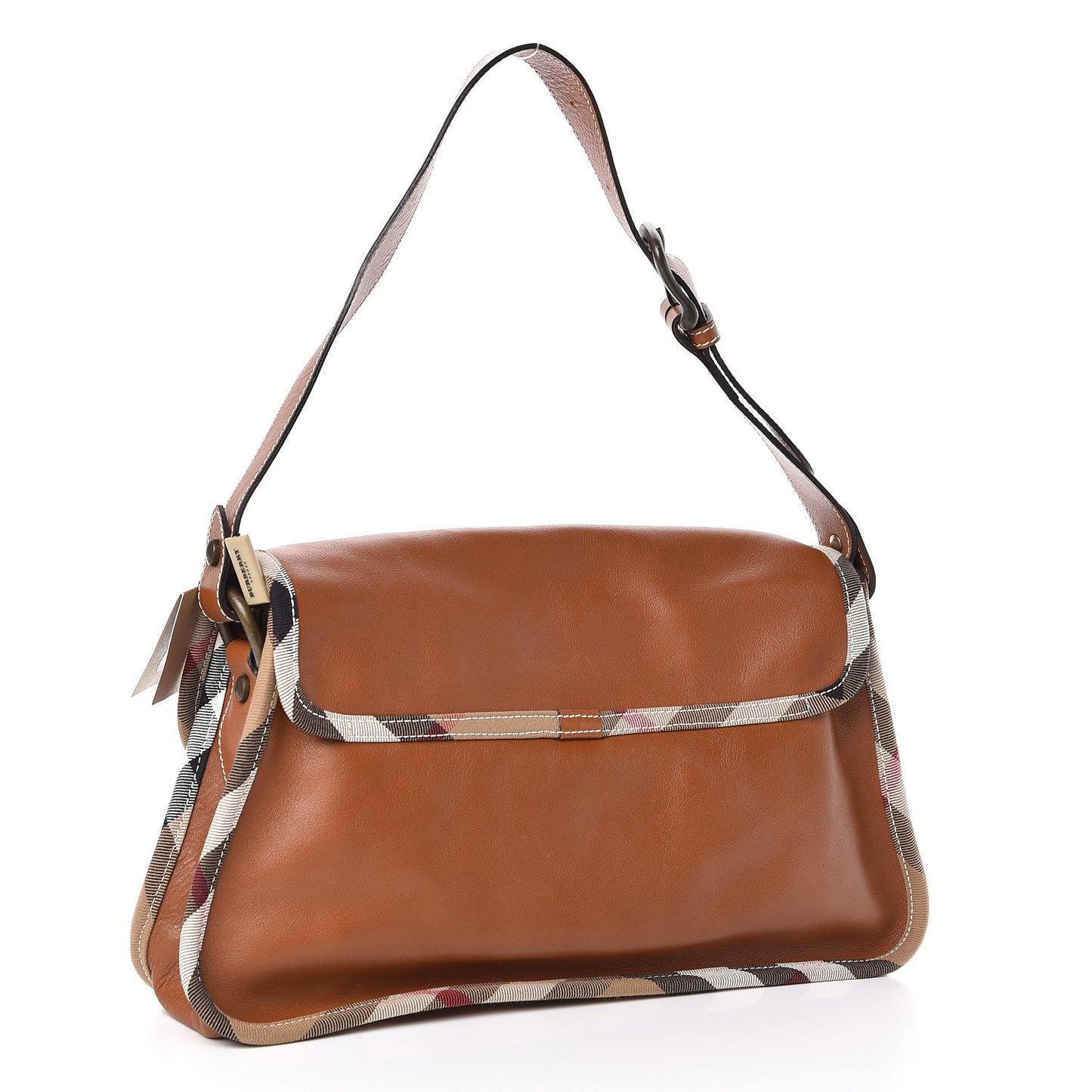 Calfskin House Check Trim Bates Shoulder Bag Cognac