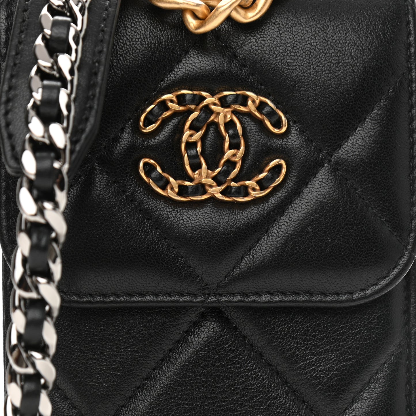Lambskin Quilted Chanel 19 Phone Holder With Chain Black