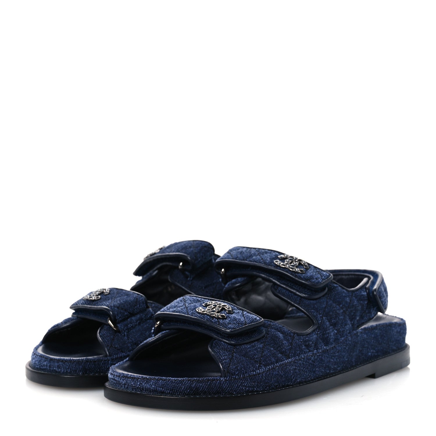 Chanel Velvet Velcro Dad Sandals 37.5 Blue 4 of 12