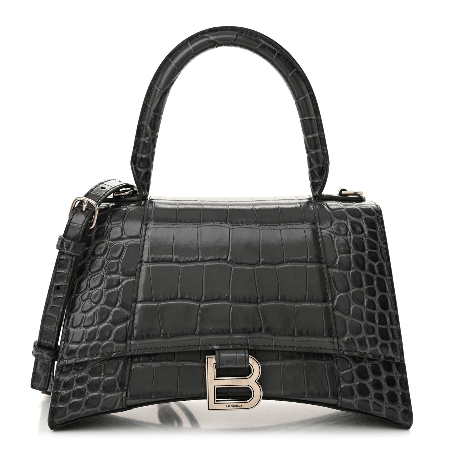 Shiny Calfskin Crocodile Embossed Small Hourglass Top Handle Bag Dark Grey