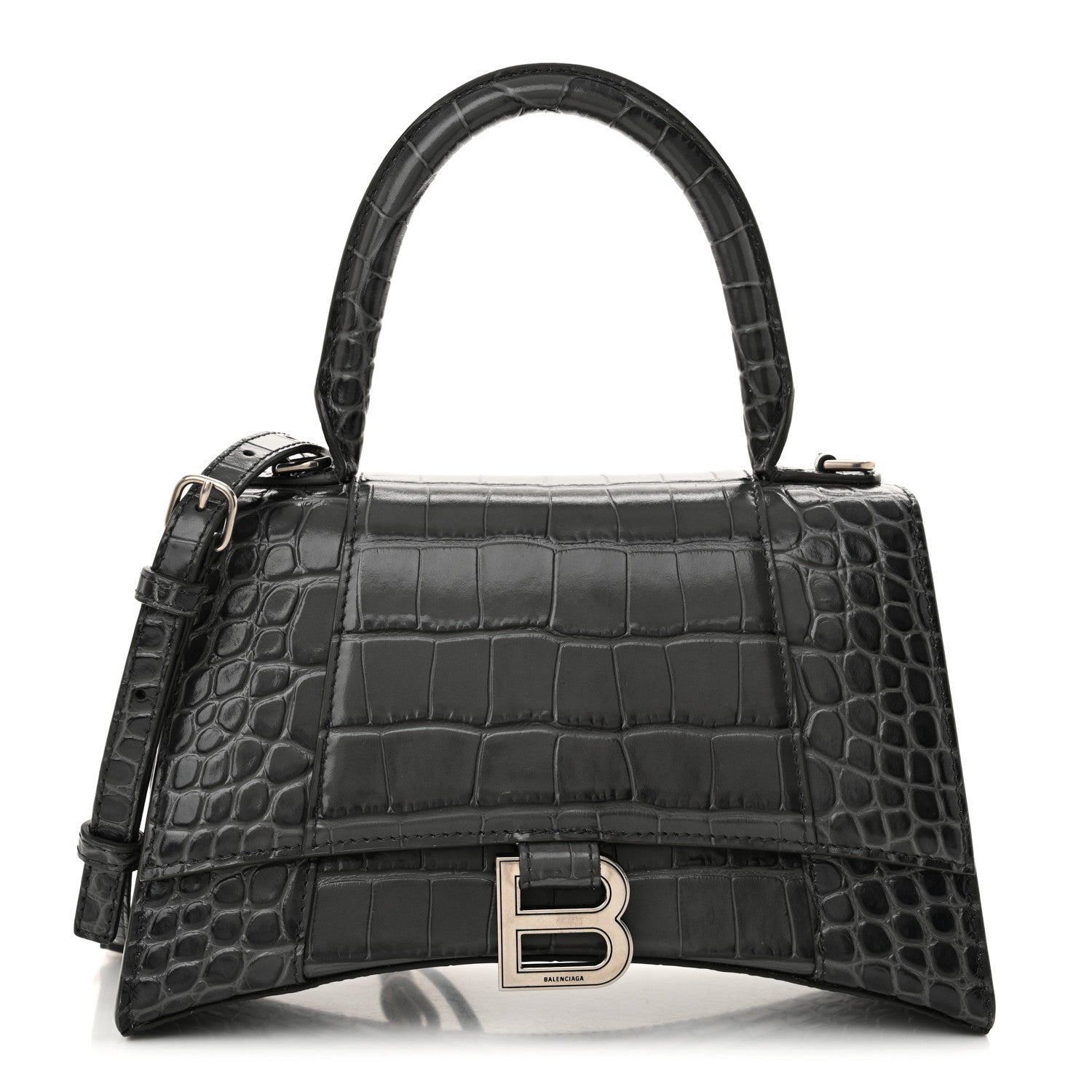 Balenciaga Shiny Calfskin Crocodile Embossed Small Hourglass Top Handle Bag Dark Grey 1 of 14