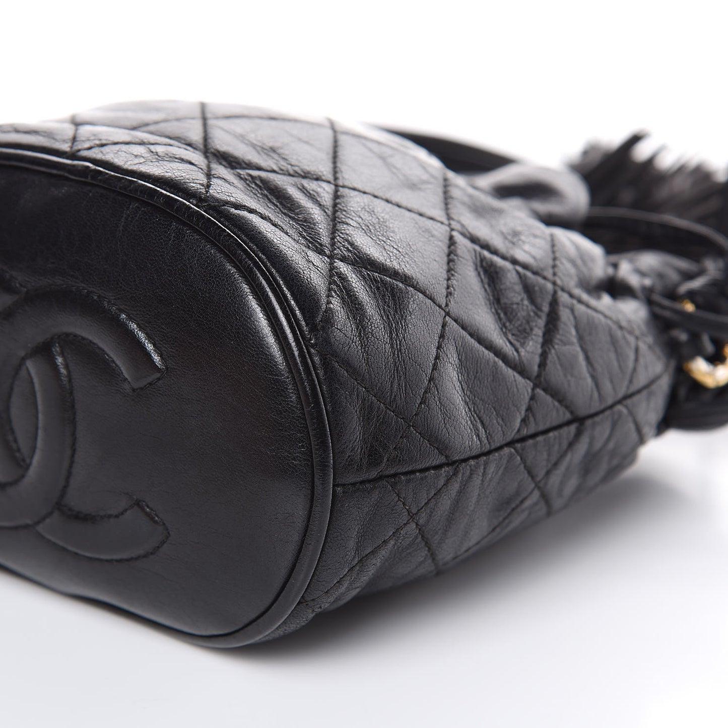 Lambskin Tassel Drawstring Pouch Bag Black