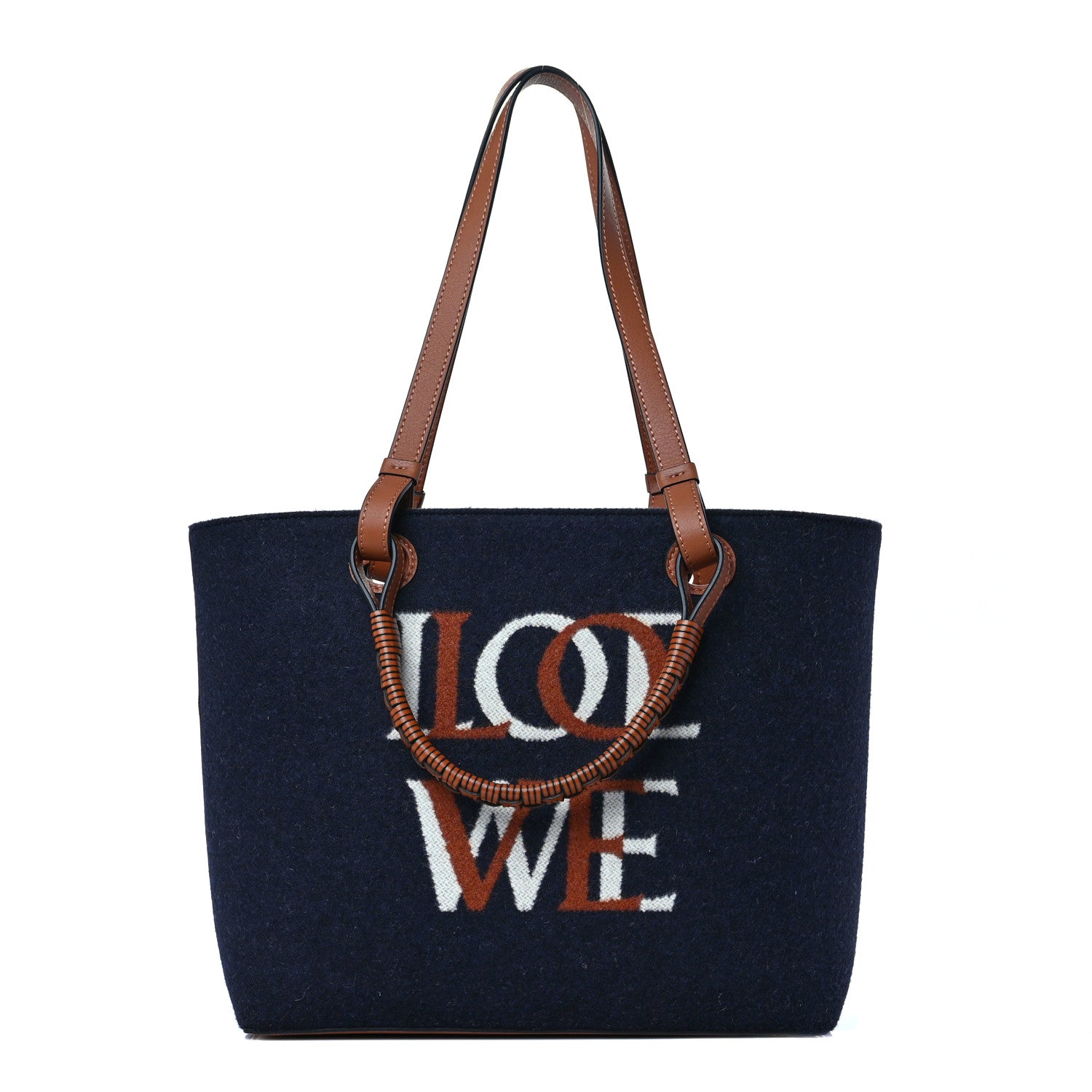 Loewe Wool Calfskin Small Love Anagram Tote Navy Tan 1 of 8