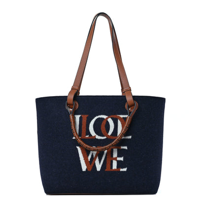 Loewe Wool Calfskin Small Love Anagram Tote Navy Tan 1 of 8
