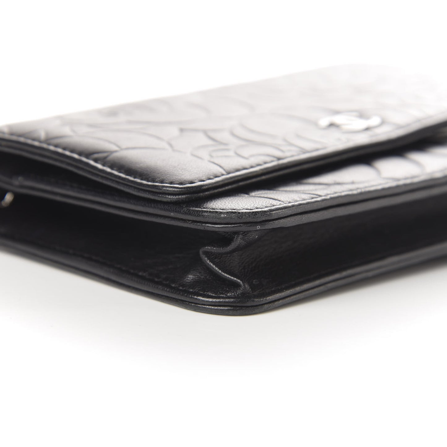 Goatskin Camellia Embossed Wallet on Chain WOC Black