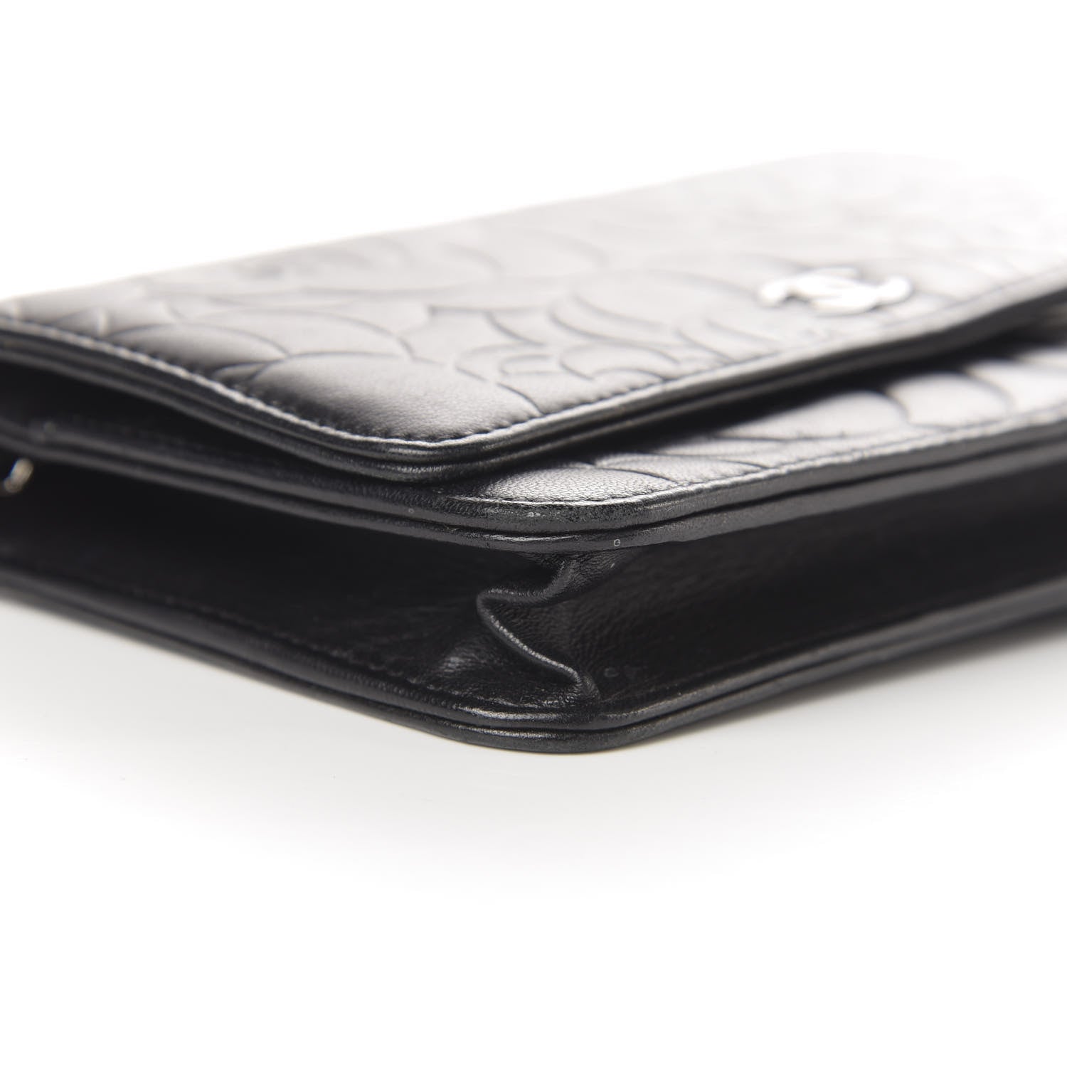 Chanel Goatskin Camellia Embossed Wallet on Chain WOC Black 12 of 15