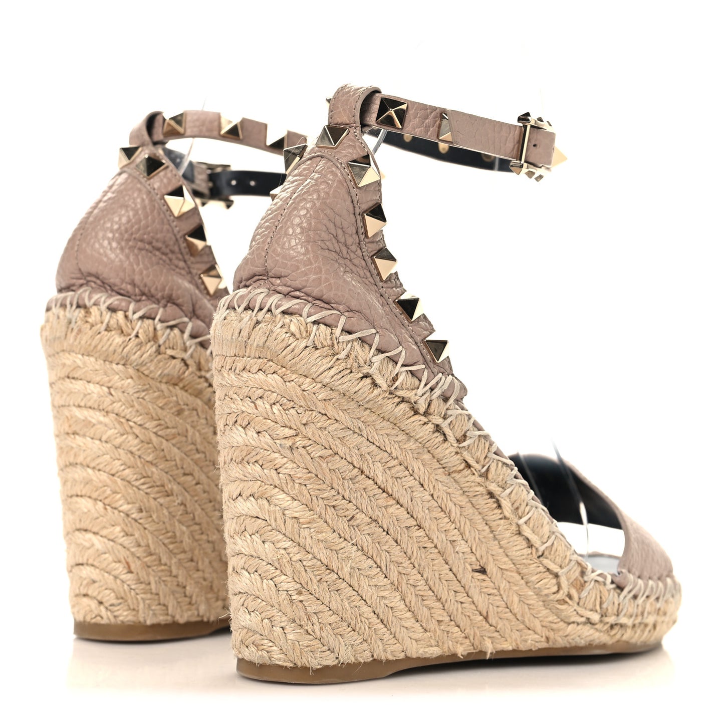 Grained Calfskin Rockstud Ankle Strap Espadrille 15/105mm Wedge Sandals 35 Poudre Natural