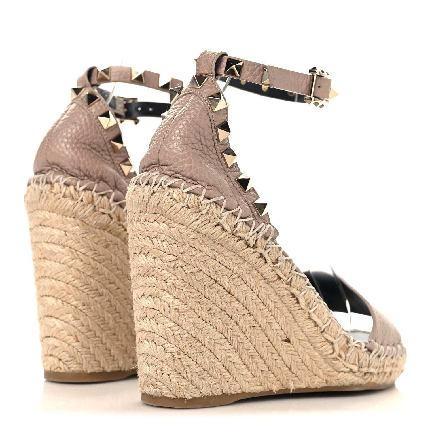 Valentino Garavani Grained Calfskin Rockstud Ankle Strap Espadrille 15/105mm Wedge Sandals 35 Poudre Natural 5 of 9