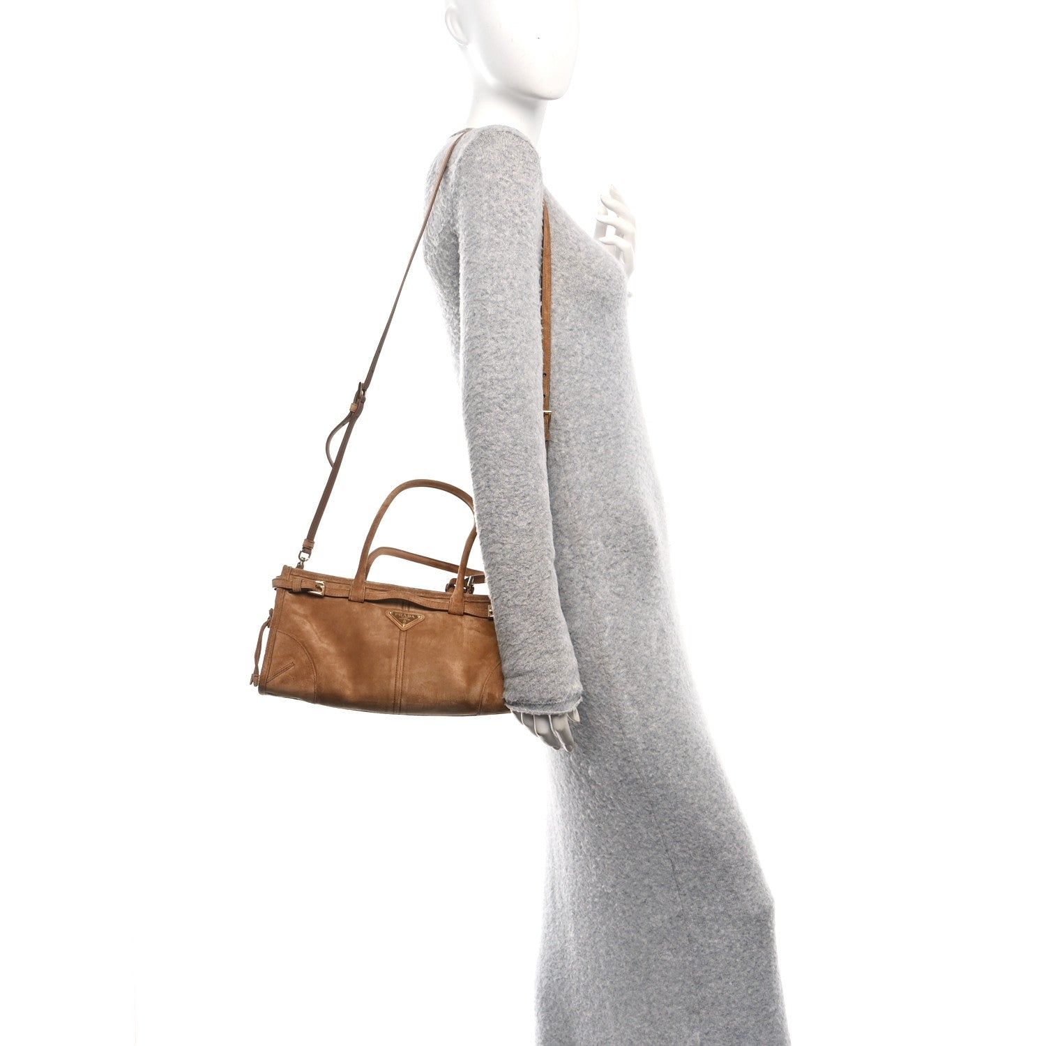 Prada Suede Triangle Medium Bonnie Shoulder Bag Cacao 2 of 9