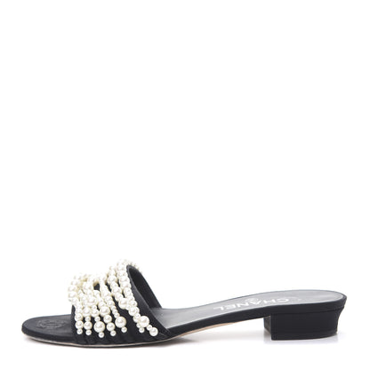 Chanel Felt Pearl Flat Sandals 37.5 Black 1 of 11