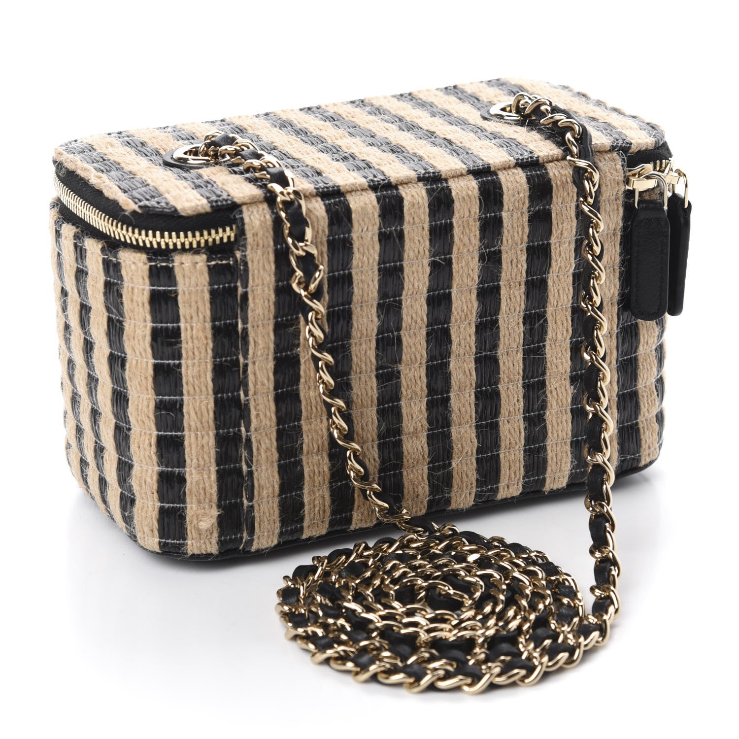 Chanel Raffia Jute Striped Small Vanity Case With Chain Black Beige 3 of 11