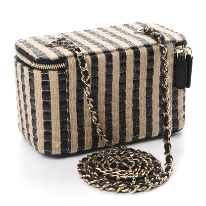 Chanel Raffia Jute Striped Small Vanity Case With Chain Black Beige 3 of 11