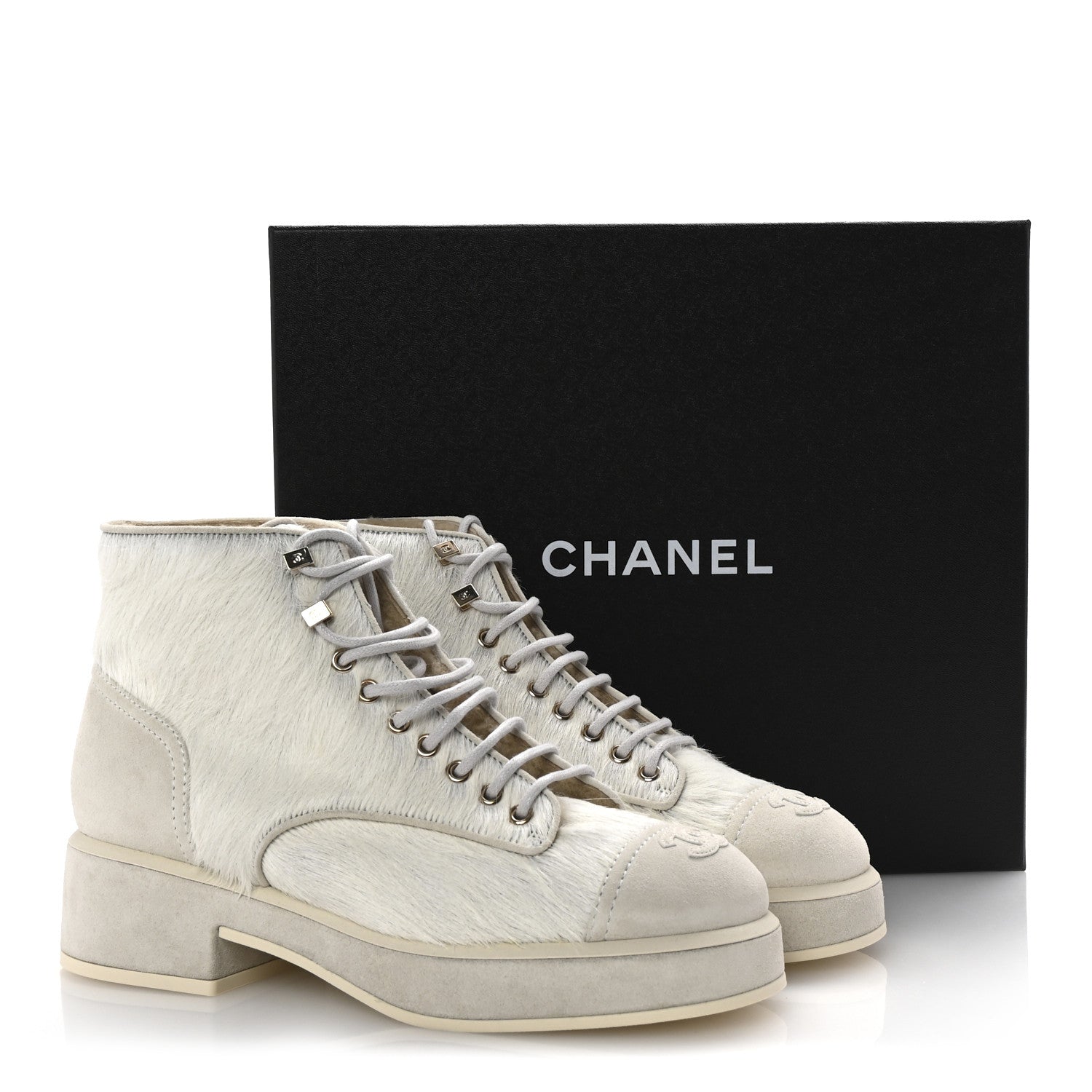 Chanel Suede Pony Hair Shearling Lace Up Combat Boots 40 White Black 10 of 10