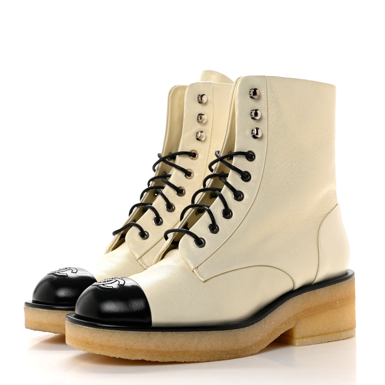 Chanel Pearlized Grained Calfskin Cap Toe Combat Boots 37 Ivory Black 3 of 7