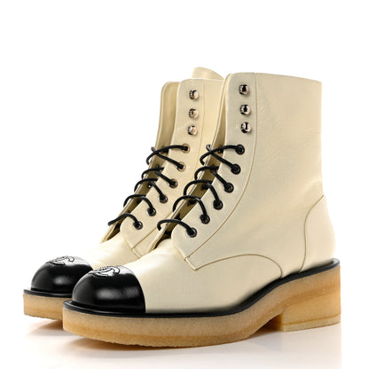 Chanel Pearlized Grained Calfskin Cap Toe Combat Boots 37 Ivory Black 3 of 7