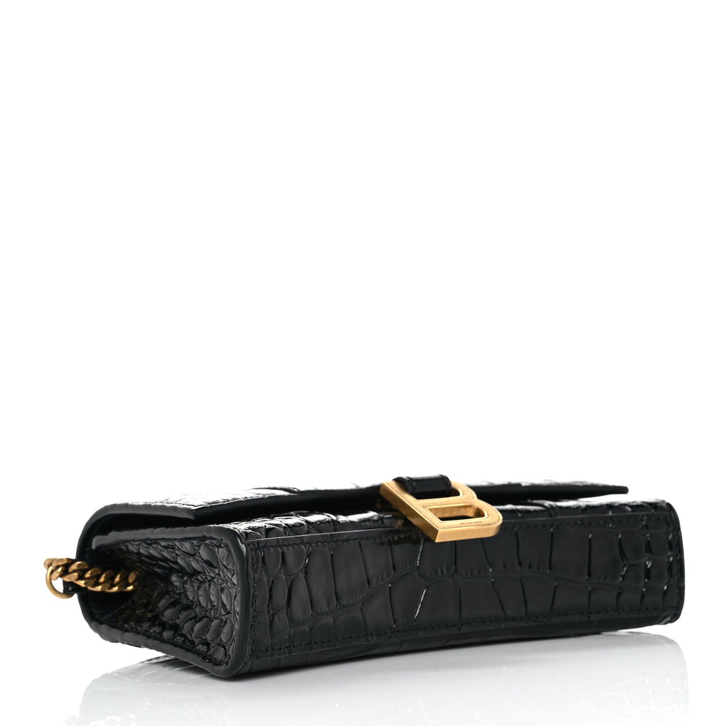 Shiny Calfskin Crocodile Embossed Hourglass Chain Bag Black
