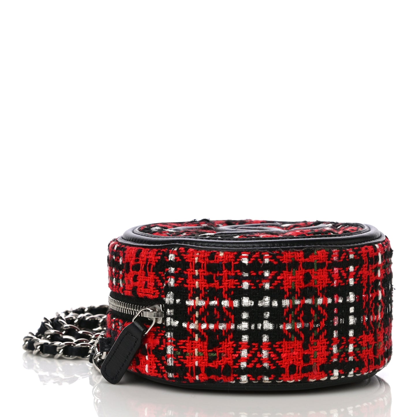 Tweed Quilted Round Filigree Clutch With Chain Red Black