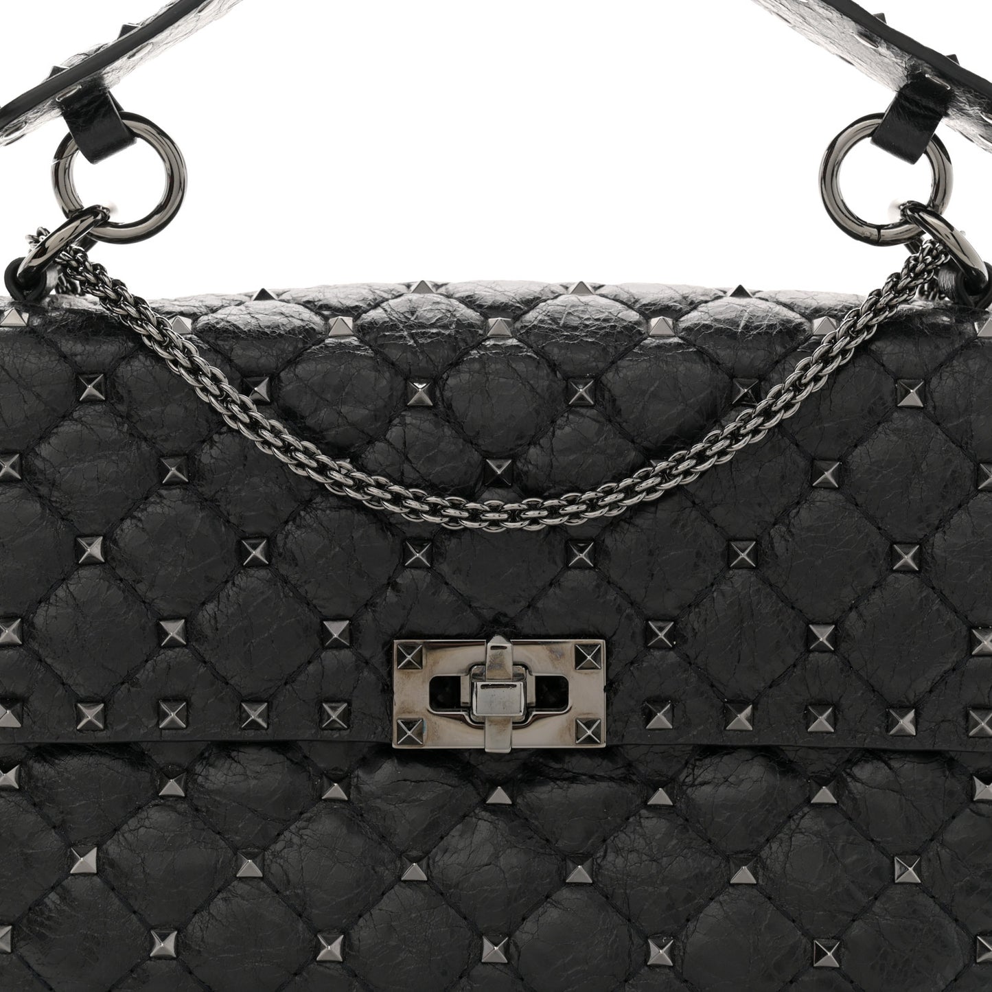 Craquele Nappa Medium Rockstud Spike Shoulder Bag Black
