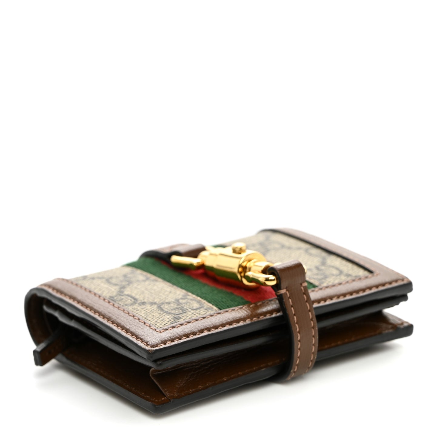 GG Supreme Monogram Textured Dollar Calfskin Web Jackie 1961 Card Case Beige Ebony Brown Sugar