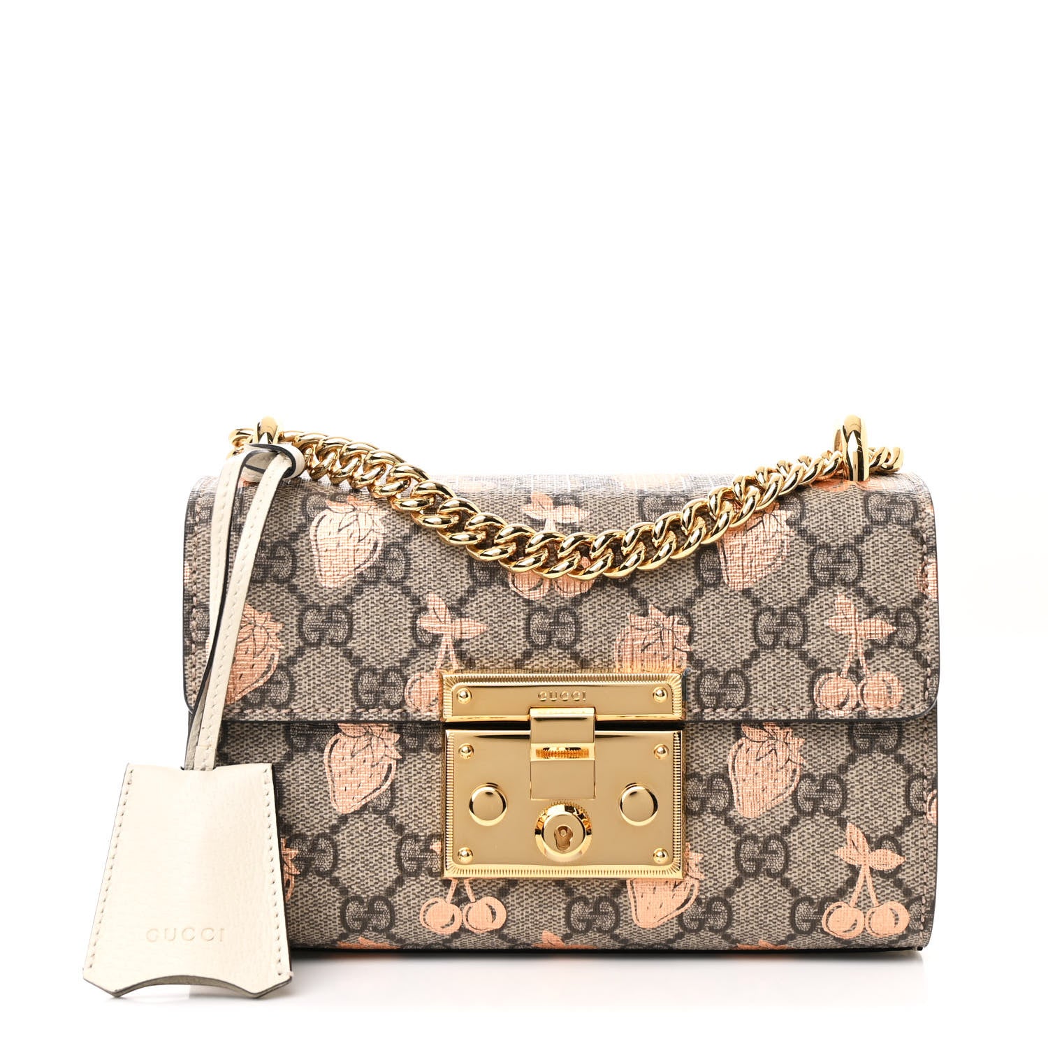 Gucci GG Supreme Monogram Berry Textured Dollar Calfskin Small Padlock Shoulder Bag Beige Ebony Light Copper Mystic White 1 of 11