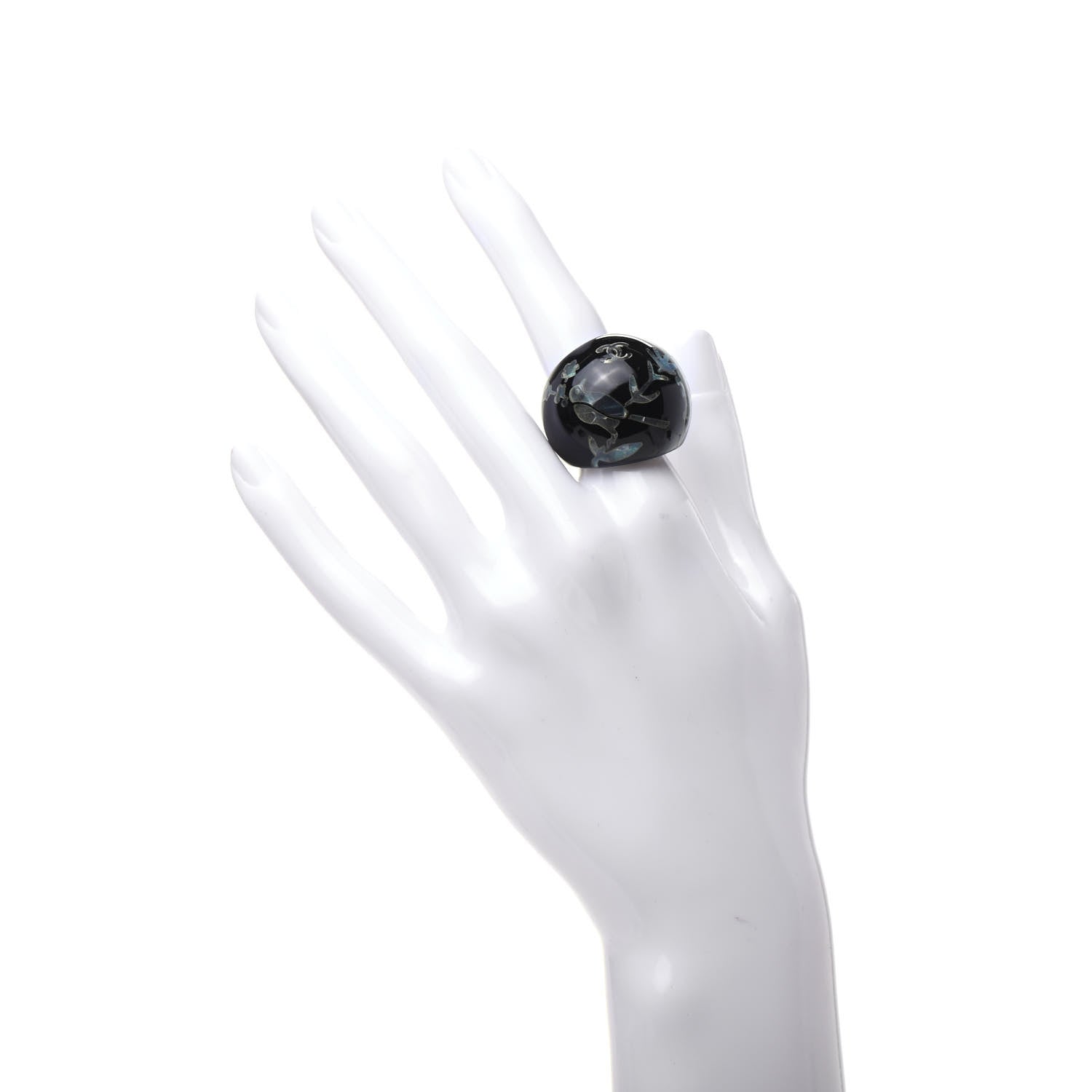 Chanel Resin Glitter Enamel CC Bird Ring 7 Black Green 2 of 5