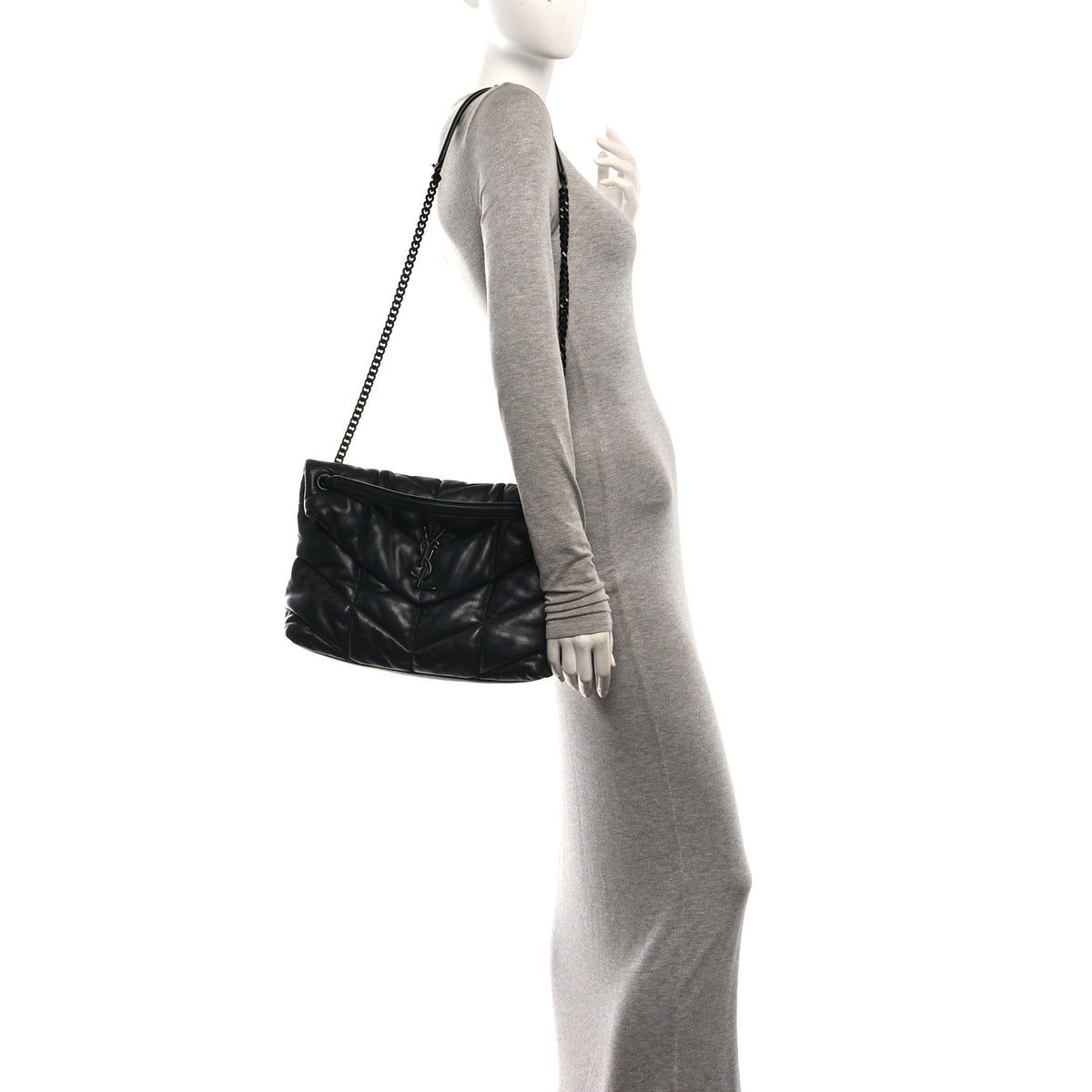 Lambskin Quilted Monogram Monochrome Medium Loulou Puffer Chain Satchel Black