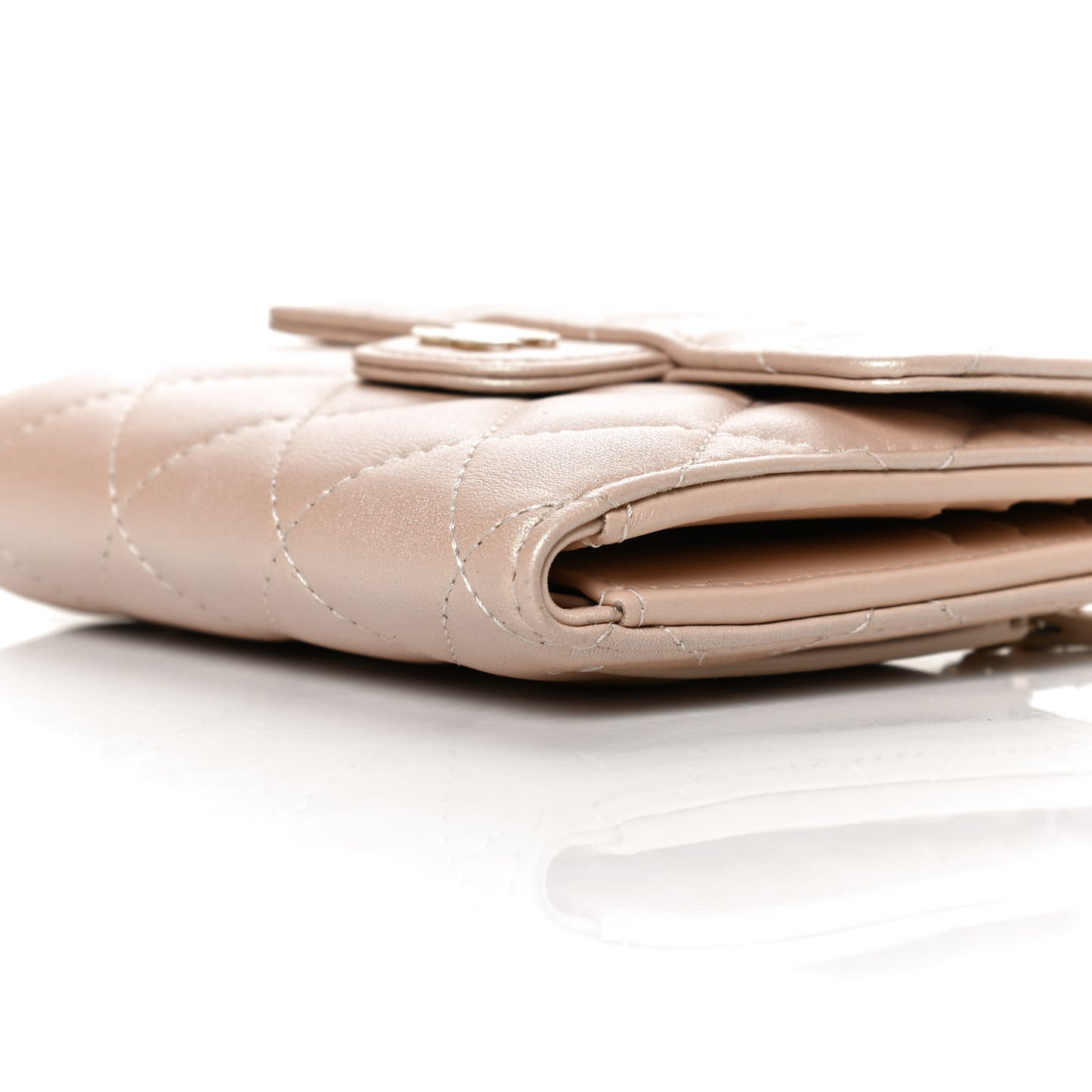Iridescent Calfskin Quilted Compact Flap Wallet Beige