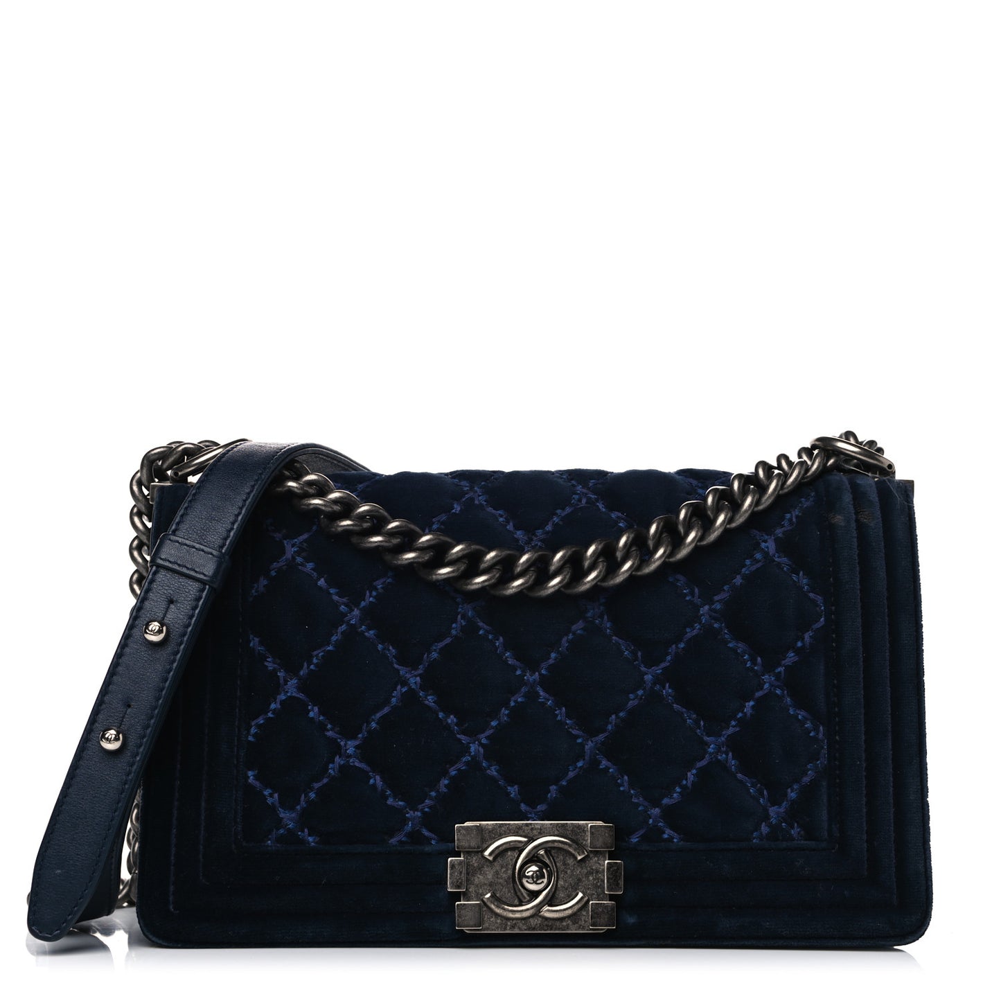 Velvet Tweed Quilted Medium Boy Flap Dark Navy Blue