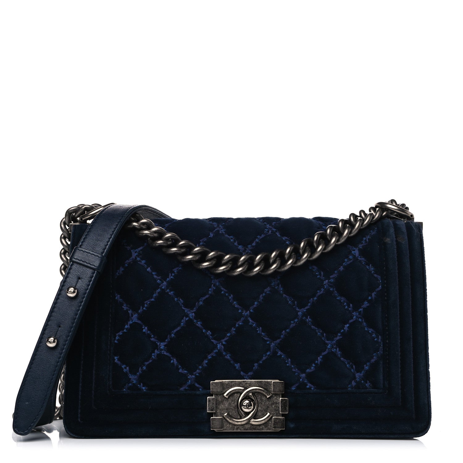 Chanel Velvet Tweed Quilted Medium Boy Flap Dark Navy Blue 1 of 17