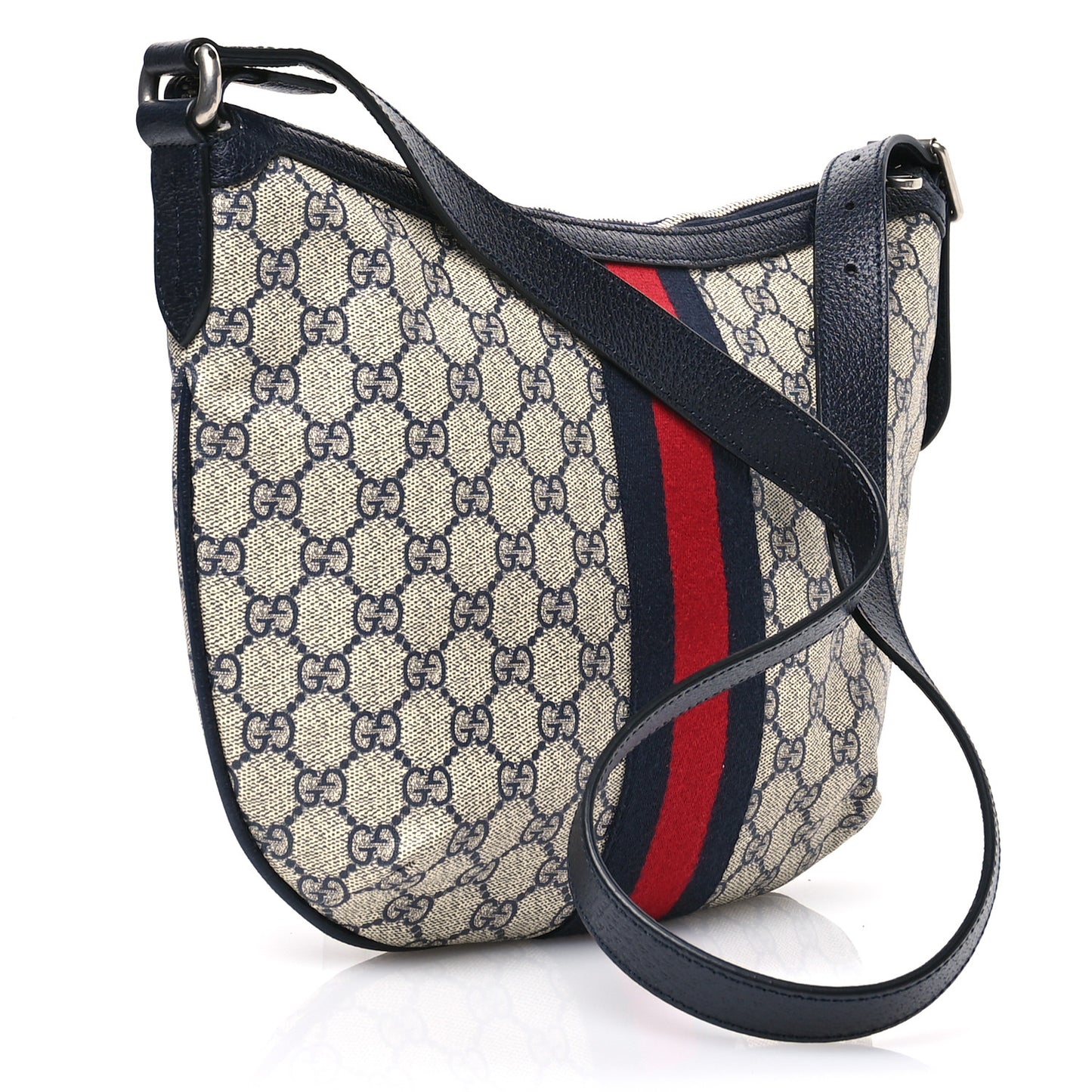 GG Supreme Monogram Textured Dollar Calfskin Web Small Ophidia Half Moon Hobo Beige Blue