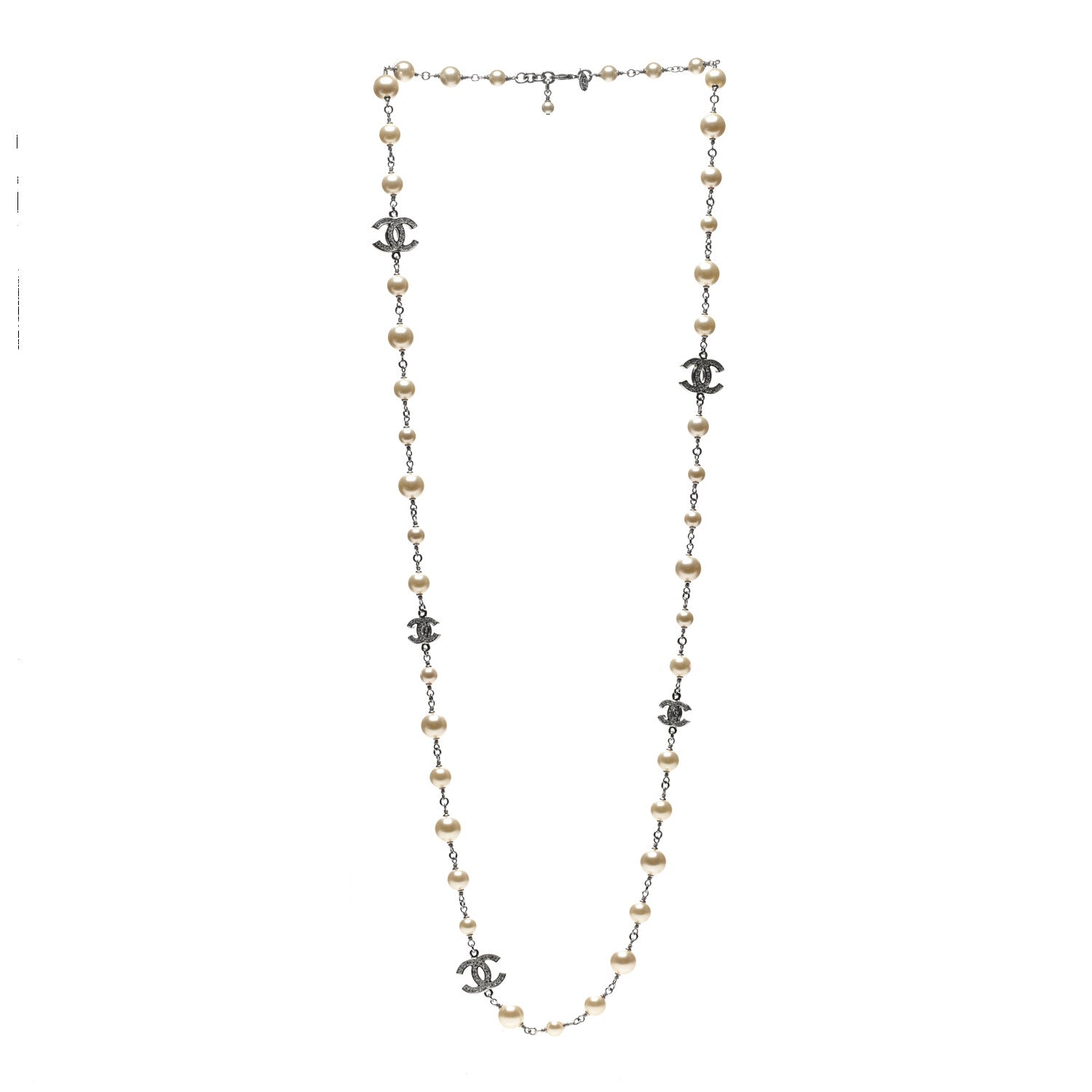 Chanel Crystal Pearl CC Long Necklace Silver 3 of 6