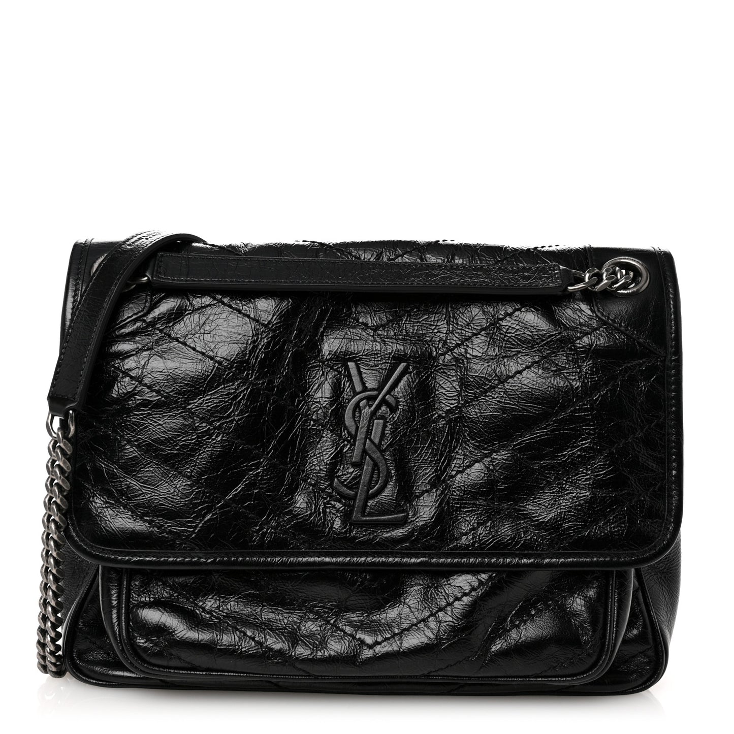 Crinkled Calfskin Matelasse Monogram Medium Niki Chain Satchel Black