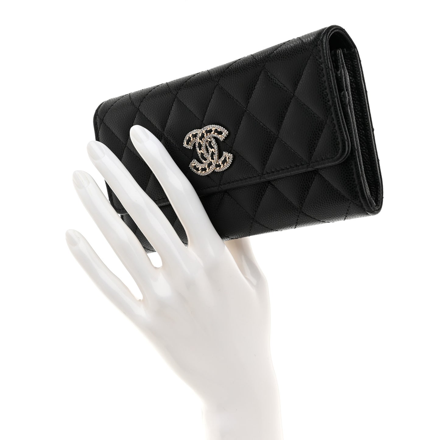 Caviar Quilted Crystal CC Large Gusset Flap Wallet Black