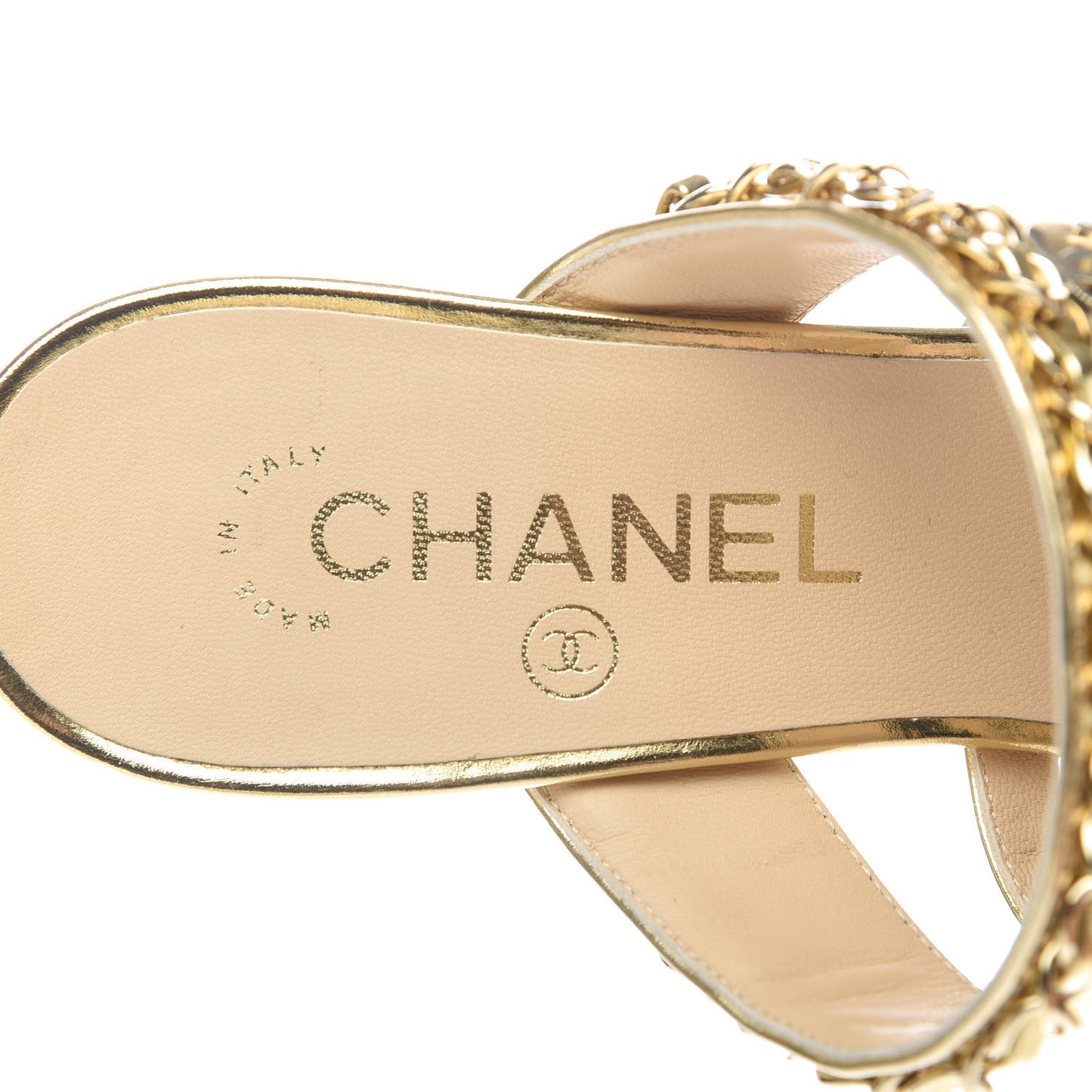 Laminated Lambskin Chain CC Mule Sandals 37.5 Gold