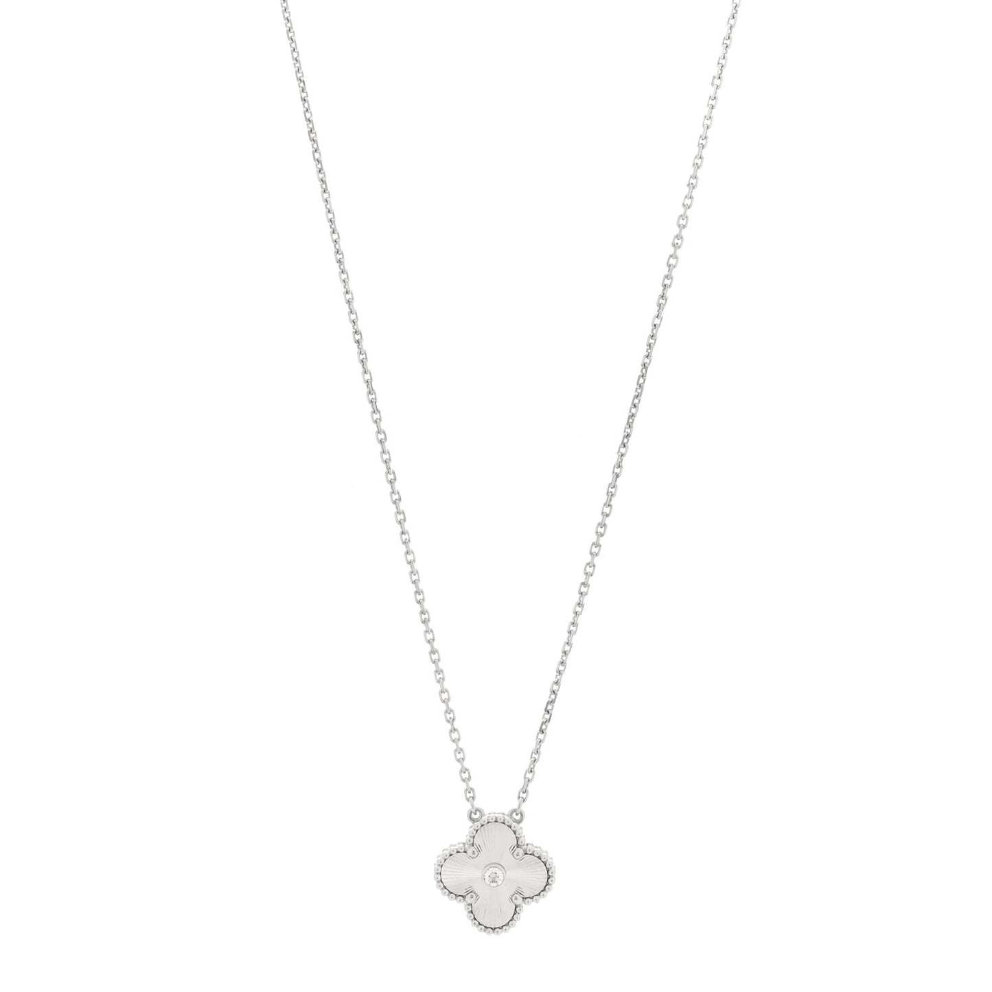 18K White Gold Diamond Guilloche Vintage Alhambra Pendant Necklace
