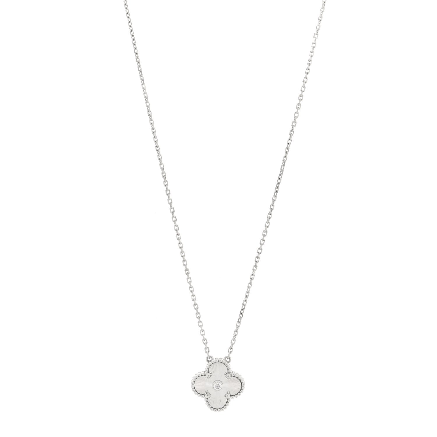 Van Cleef & Arpels 18K White Gold Diamond Guilloche Vintage Alhambra Pendant Necklace 1 of 5