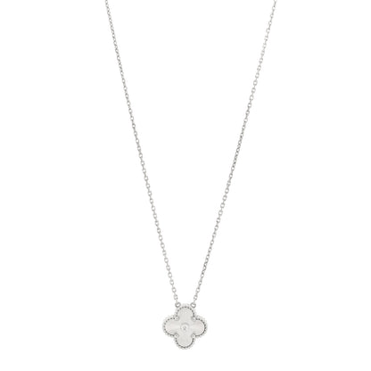 Van Cleef & Arpels 18K White Gold Diamond Guilloche Vintage Alhambra Pendant Necklace 1 of 5