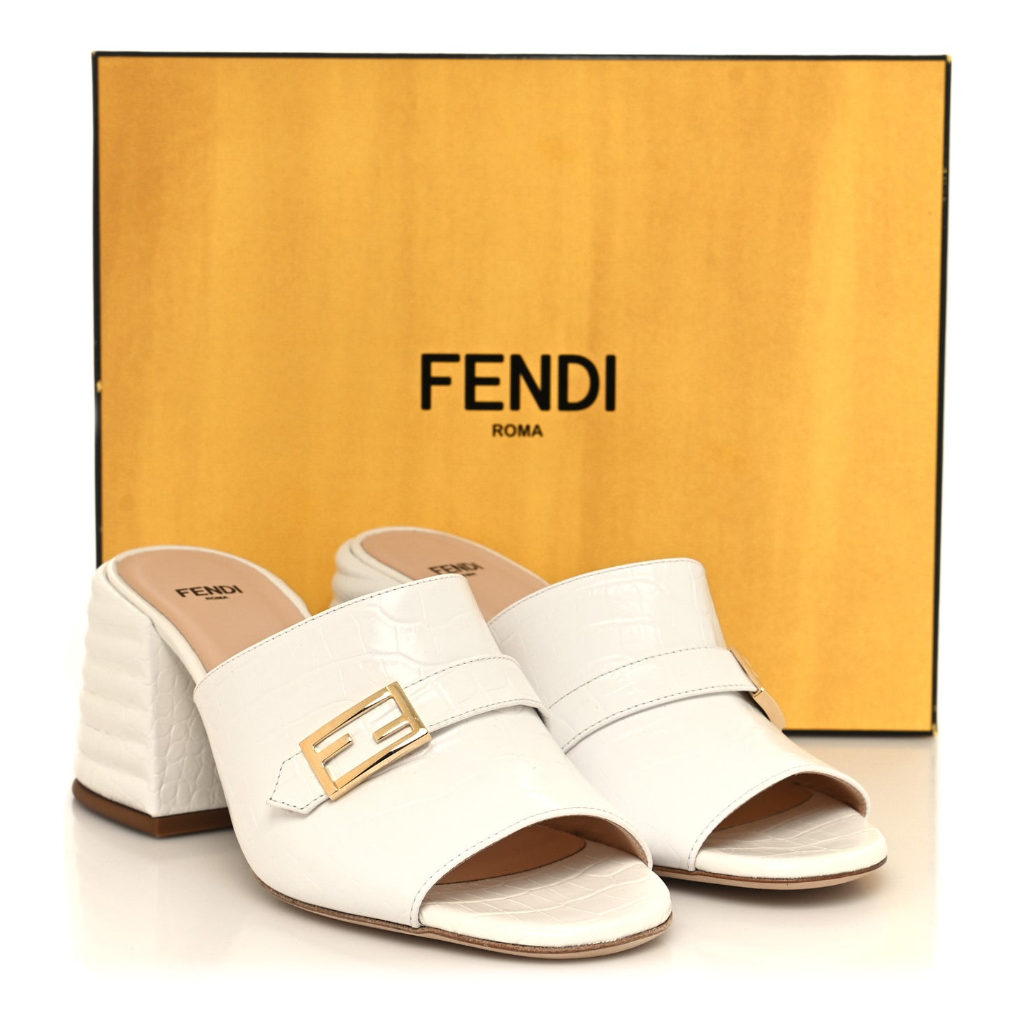 Calfskin Crocodile Embossed Promenade Mules 38.5 White