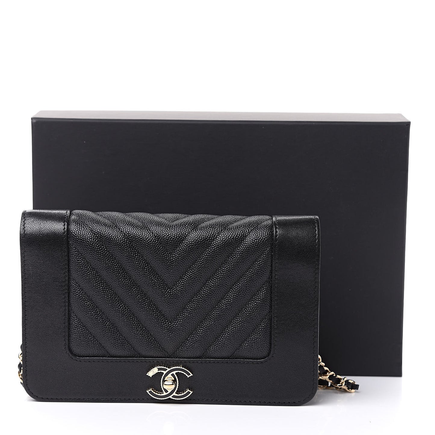 Caviar Sheepskin Chevron Quilted Vintage Mademoiselle Wallet On Chain WOC Black