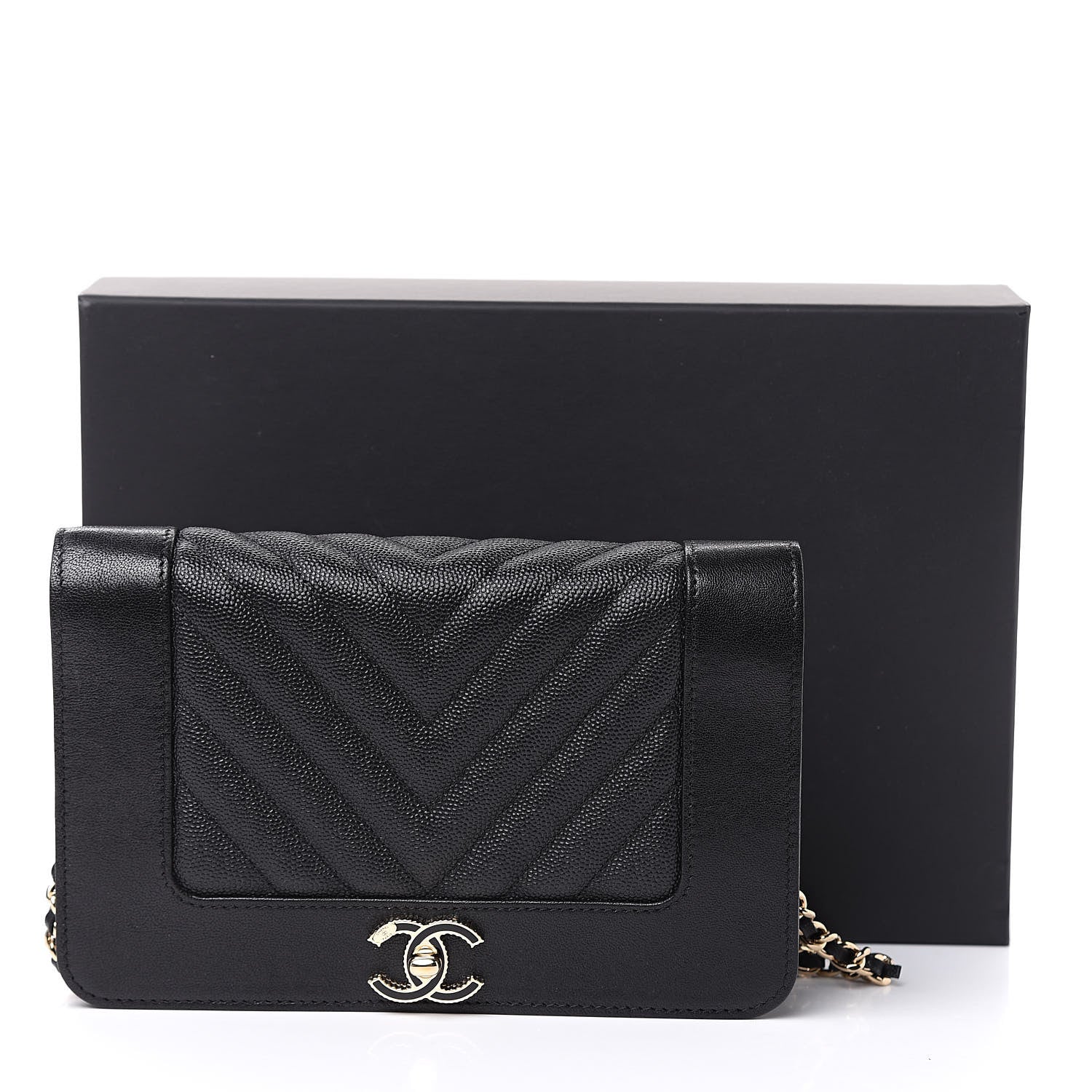 Chanel Caviar Sheepskin Chevron Quilted Vintage Mademoiselle Wallet On Chain WOC Black 11 of 11