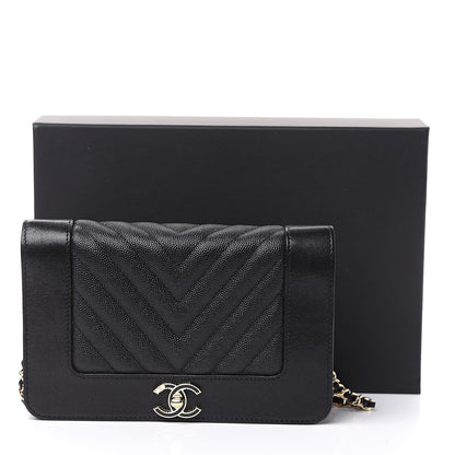 Chanel Caviar Sheepskin Chevron Quilted Vintage Mademoiselle Wallet On Chain WOC Black 11 of 11