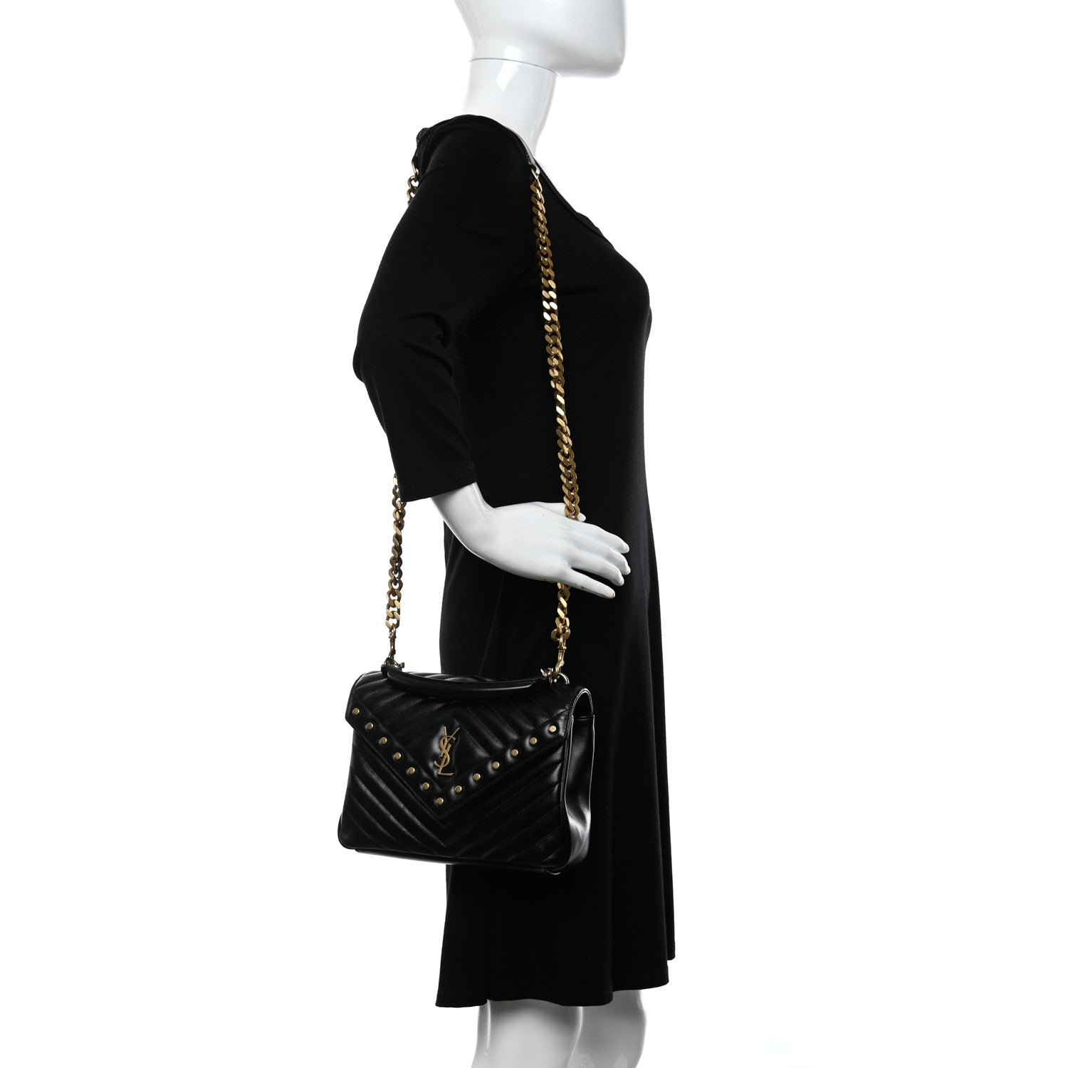 Saint Laurent Calfskin Matelasse Chevron Studded Monogram Medium College Bag Black 2 of 12