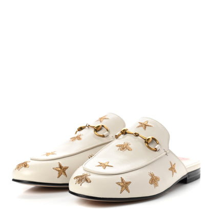 Gucci Goatskin Bee Star Embroidered Womens Princetown Slippers 37 Mystic White 3 of 9