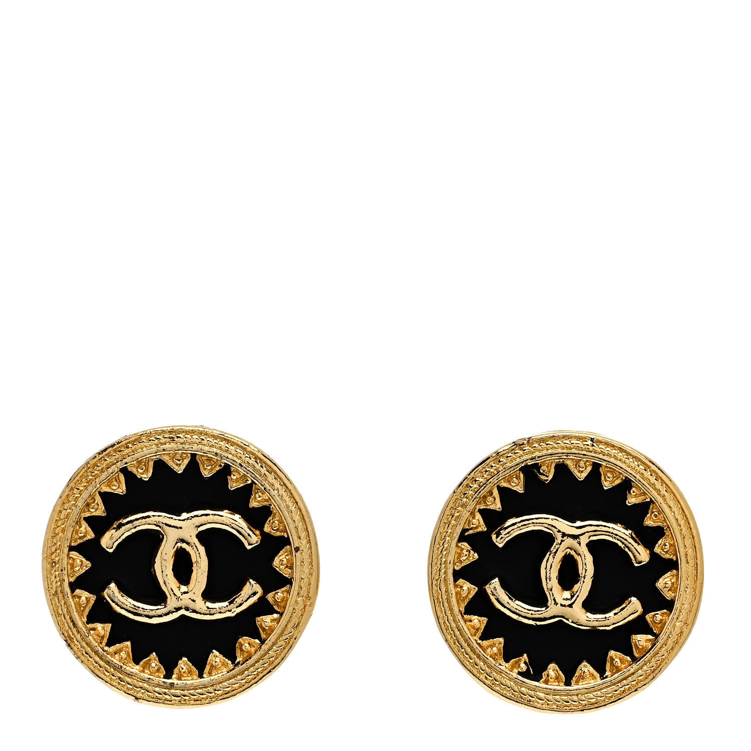 Chanel CC Round Clip On Earrings Black Gold 1 of 4