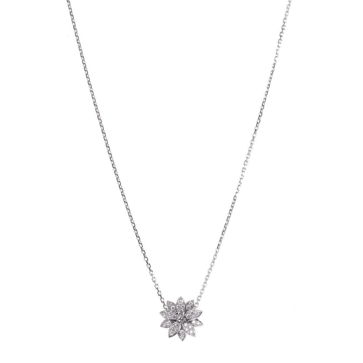18K White Gold Diamond Small Lotus Pendant Necklace