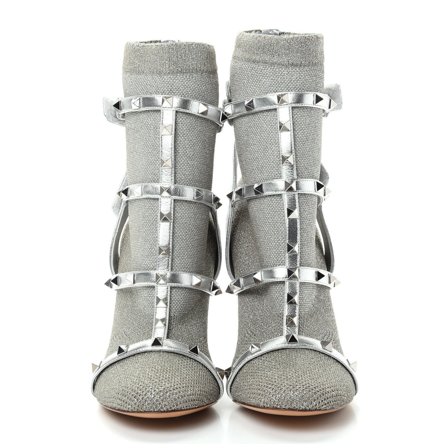 Metallic Nappa Knit Rockstud Bodytech Sock Booties 40 Silver