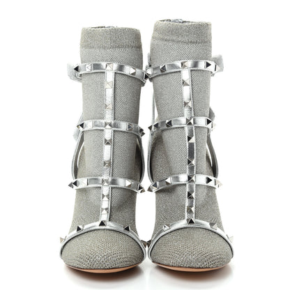 Valentino Garavani Metallic Nappa Knit Rockstud Bodytech Sock Booties 40 Silver 2 of 9