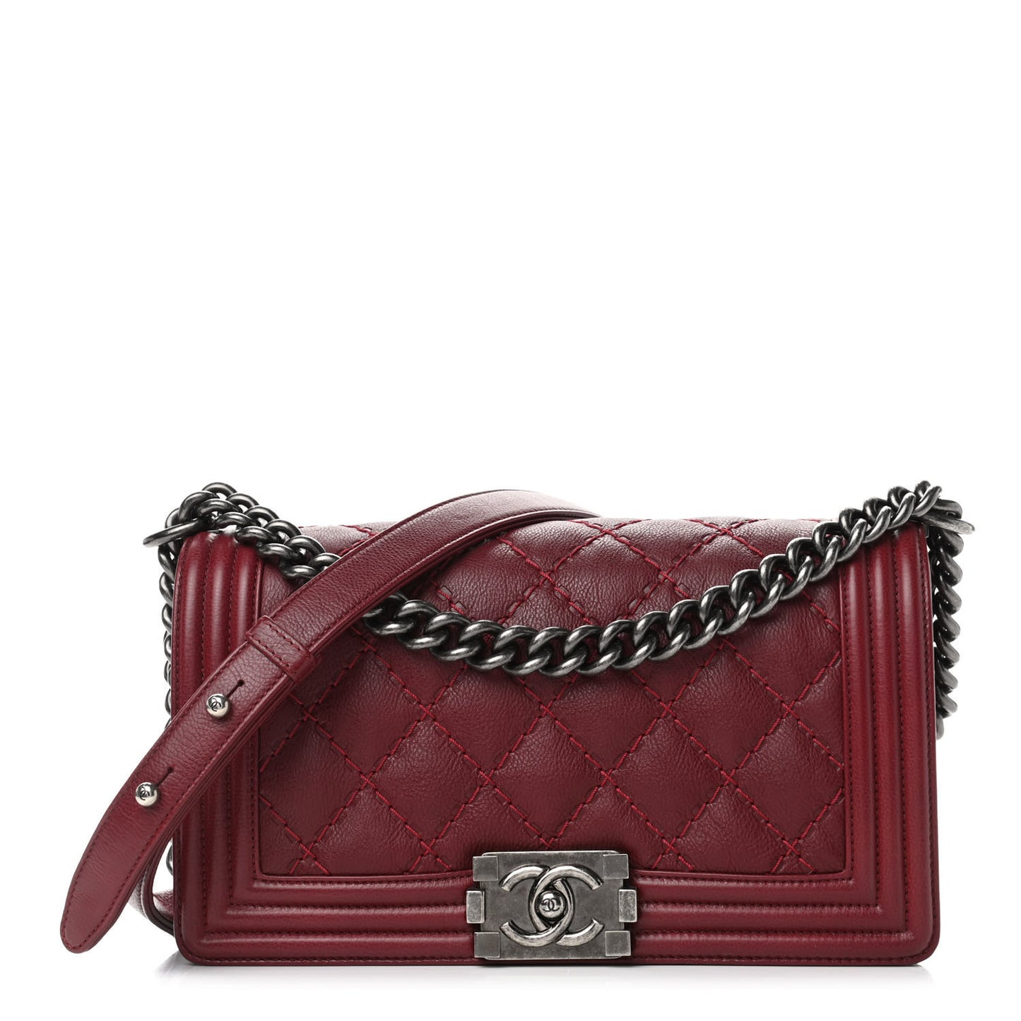 Calfskin Double Stitch Medium Boy Flap Burgundy