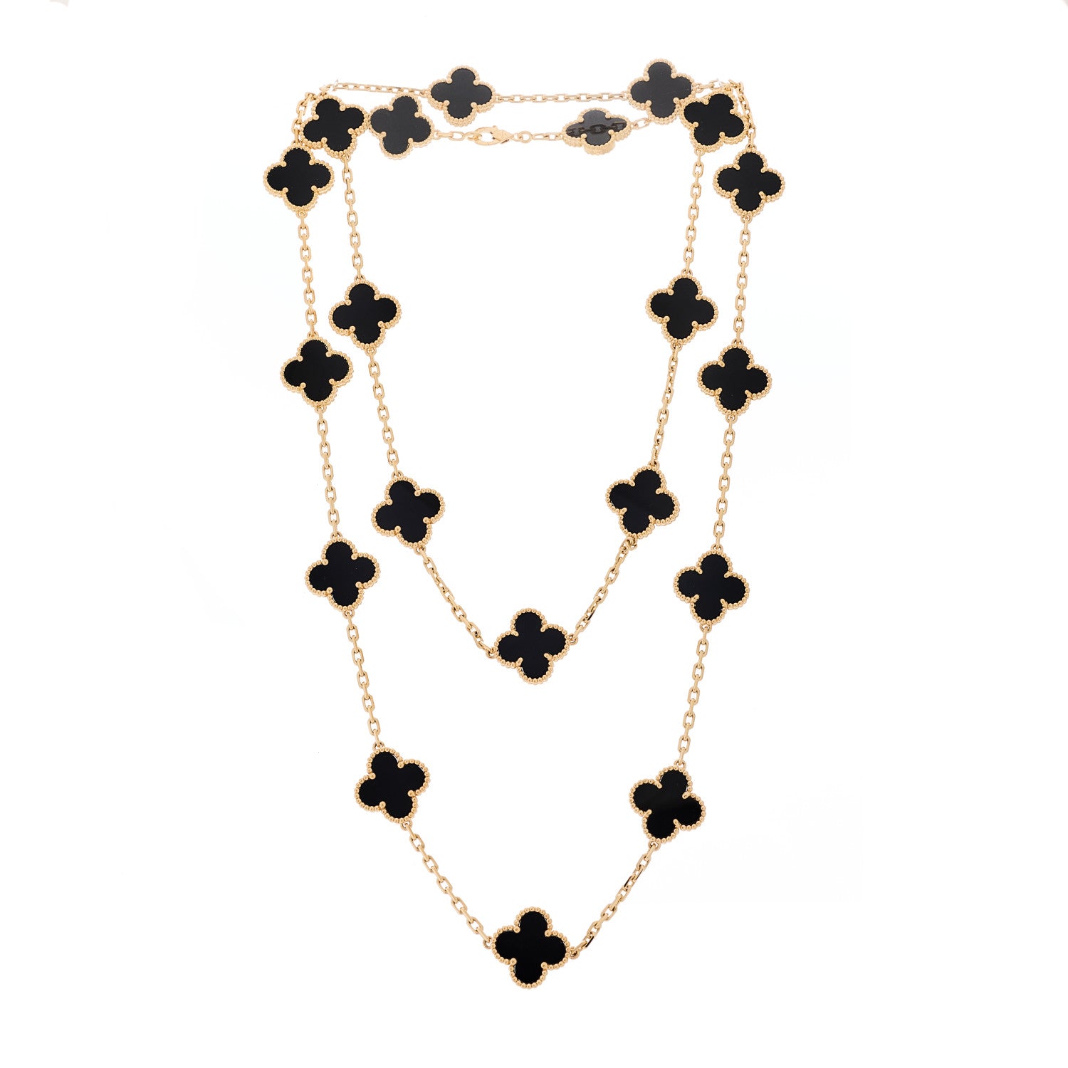 Van Cleef & Arpels 18K Yellow Gold Black Onyx 20 Motifs Vintage Alhambra Necklace 3 of 6
