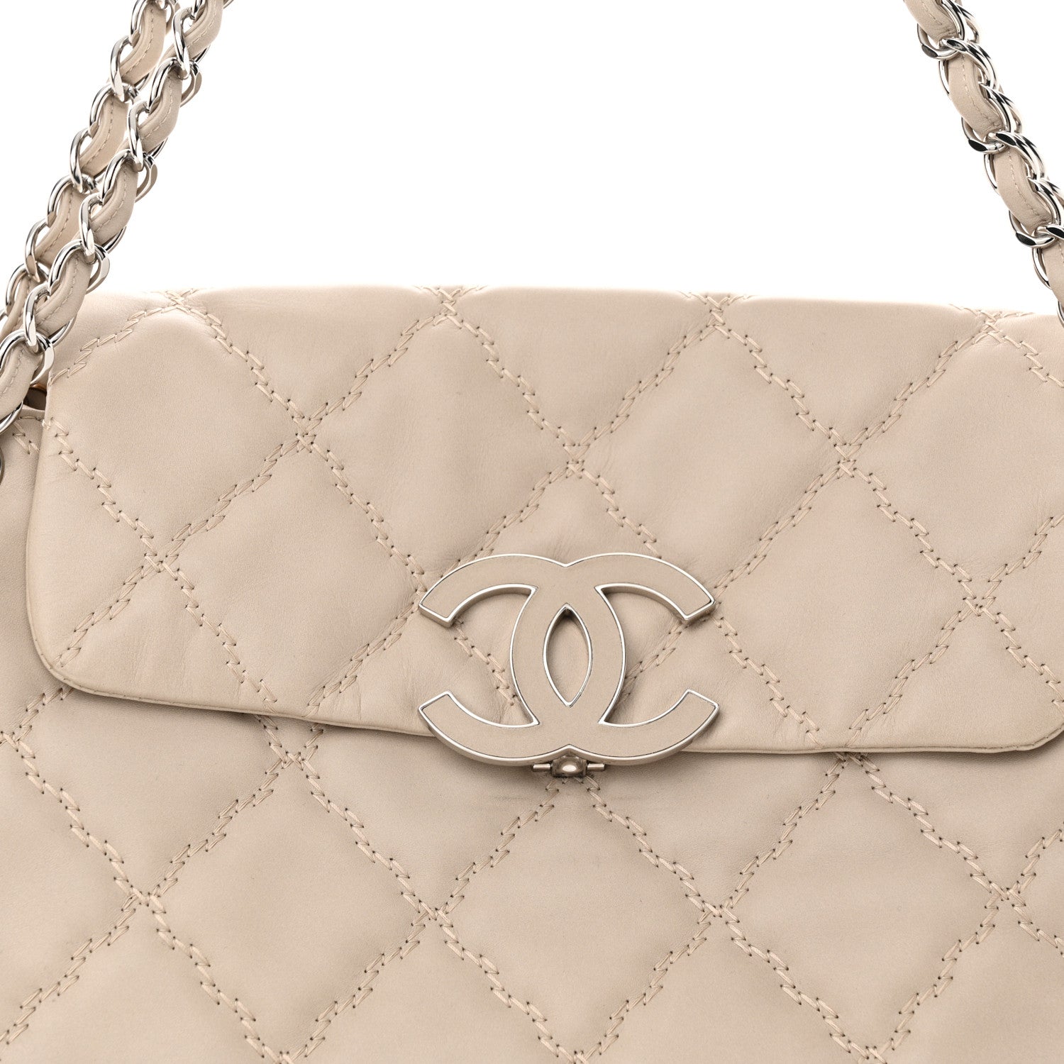 Chanel Calfskin Double Stitch Large Hamptons Flap Bag Beige 8 of 10